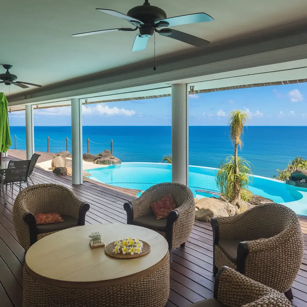 Villa Paradise terrace with pool and lagoon view at golden hour
