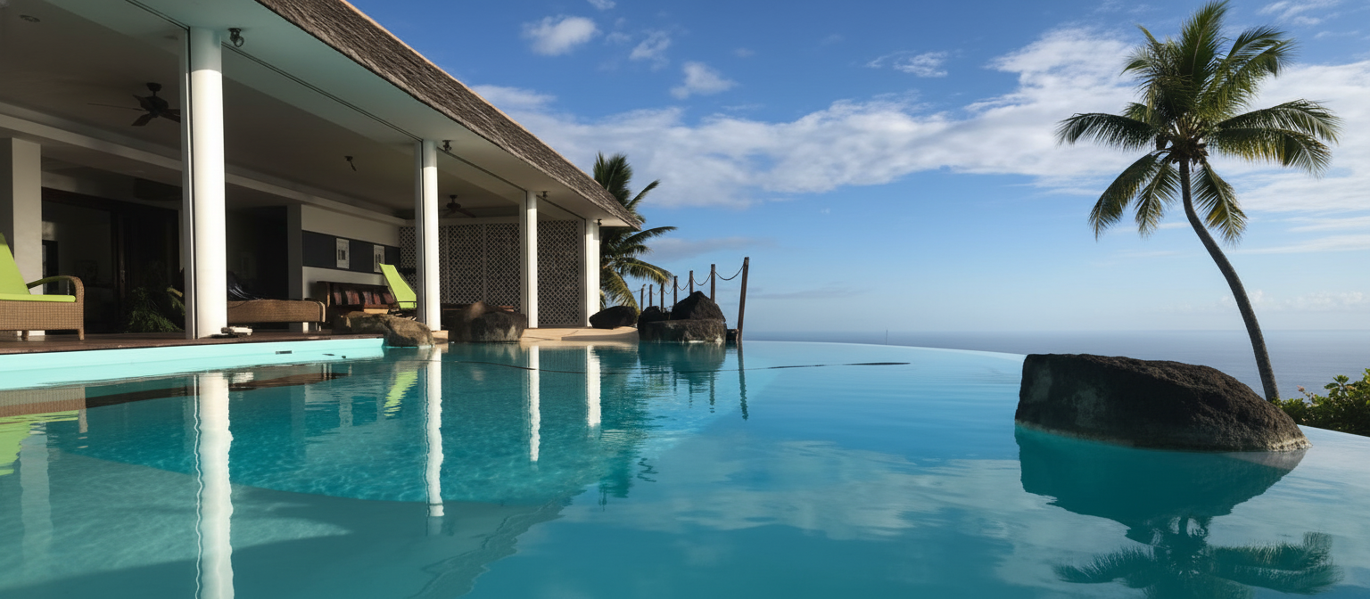 Panoramic view of the deck and infinity pool at Villa Paradise Tahiti